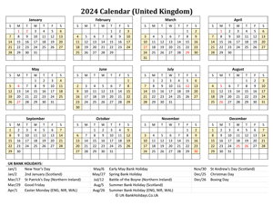 2024 uk calendar printable with holidays weeks start on sunday (landscape)