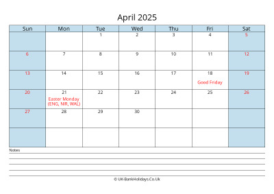 2025 April Calendar with Notes
