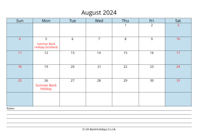 august 2024 monthly uk calendar printable
