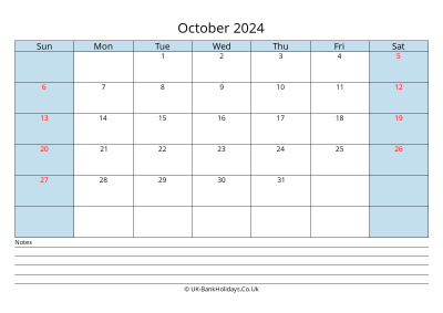 october 2024 monthly uk calendar printable