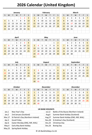 2026 uk calendar printable holidays weeks start on sunday (portrait)