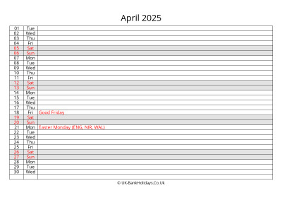 april 2025 monthly uk calendar free