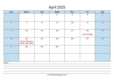 april 2025 monthly uk calendar printable