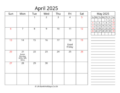 april 2025 uk calendar template