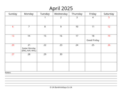 april 2025 uk calendar with notes