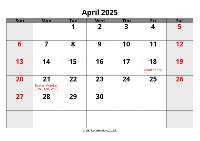 april 2025 word uk calendar