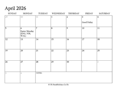 april 2026 editable uk calendar with holidays