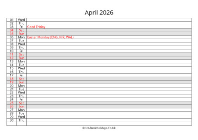 april 2026 monthly uk calendar free