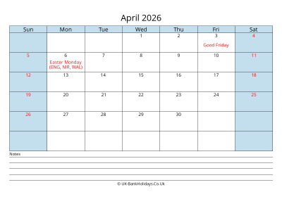 2026 April Calendar with Notes