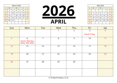 april 2026 printable uk calendar