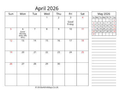 april 2026 uk calendar template