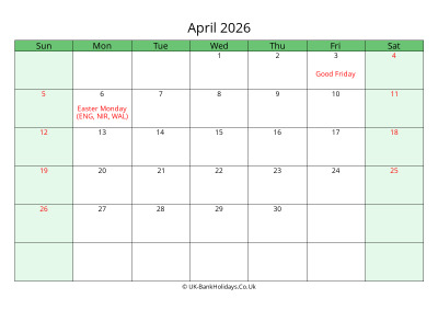 april 2026 uk calendar to print