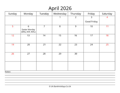 april 2026 uk calendar with notes