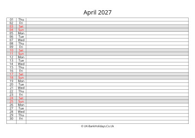 april 2027 monthly uk calendar free