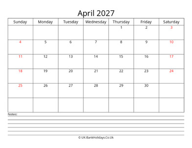 april 2027 uk calendar with notes