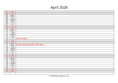 april 2028 monthly uk calendar free