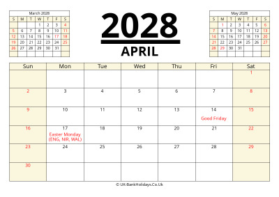 april 2028 printable uk calendar