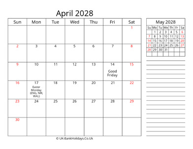 april 2028 uk calendar template