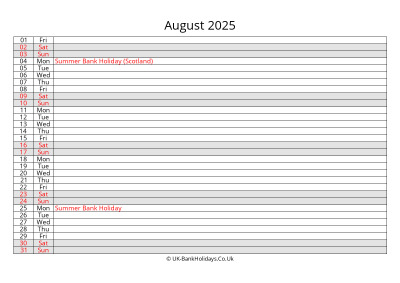 august 2025 monthly uk calendar free