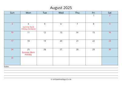 august 2025 monthly uk calendar printable