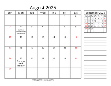 august 2025 uk calendar template