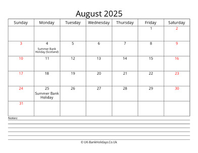 august 2025 uk calendar with notes