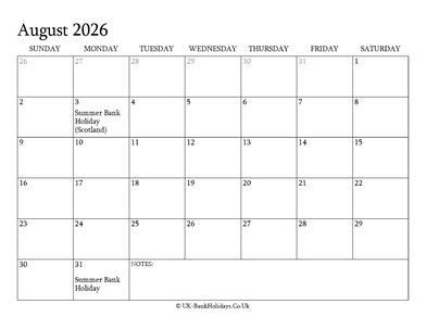 august 2026 editable uk calendar with holidays