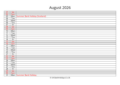 august 2026 monthly uk calendar free