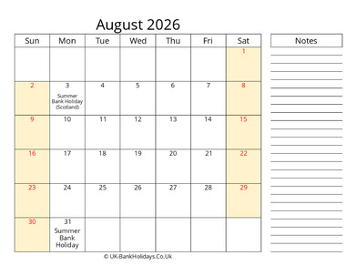 august 2026 uk calendar that work
