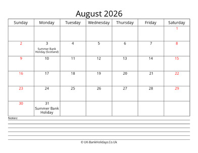 august 2026 uk calendar with notes