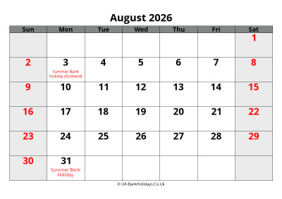 august 2026 word uk calendar