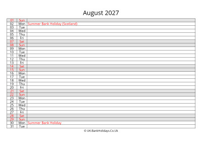 august 2027 monthly uk calendar free