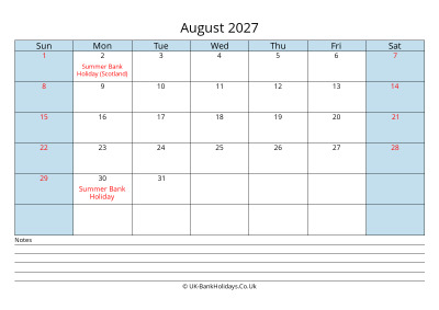 2027 December Calendar with Notes