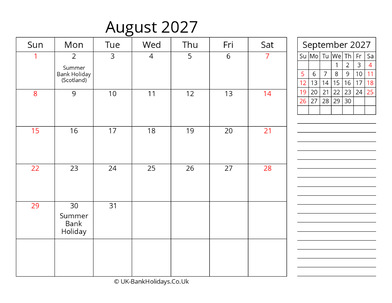 august 2027 uk calendar template