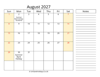 august 2027 uk calendar that work