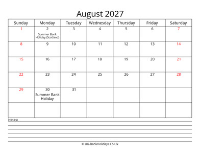 august 2027 uk calendar with notes