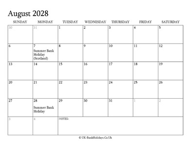 august 2028 editable uk calendar with holidays