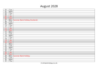 august 2028 monthly uk calendar free