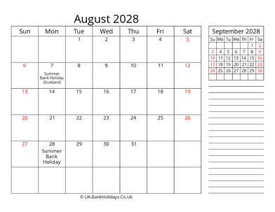 august 2028 uk calendar template