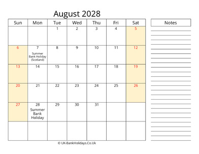 august 2028 uk calendar that work