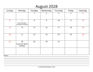 august 2028 uk calendar with notes