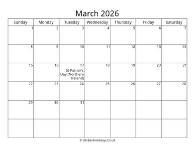 Blank Calendar March 2026