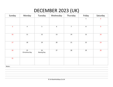 december 2023 uk calendar with notes