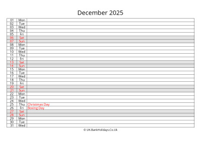 december 2025 monthly uk calendar free