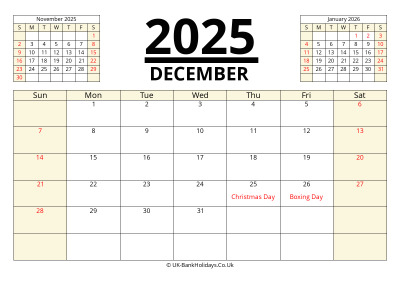 december 2025 printable uk calendar