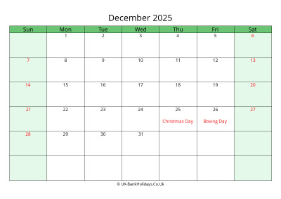 december 2025 uk calendar to print