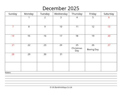 december 2025 uk calendar with notes