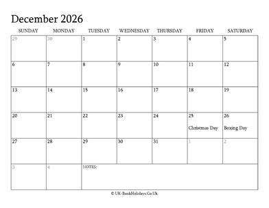 december 2026 editable uk calendar with holidays