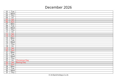 december 2026 monthly uk calendar free