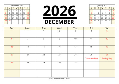december 2026 printable uk calendar